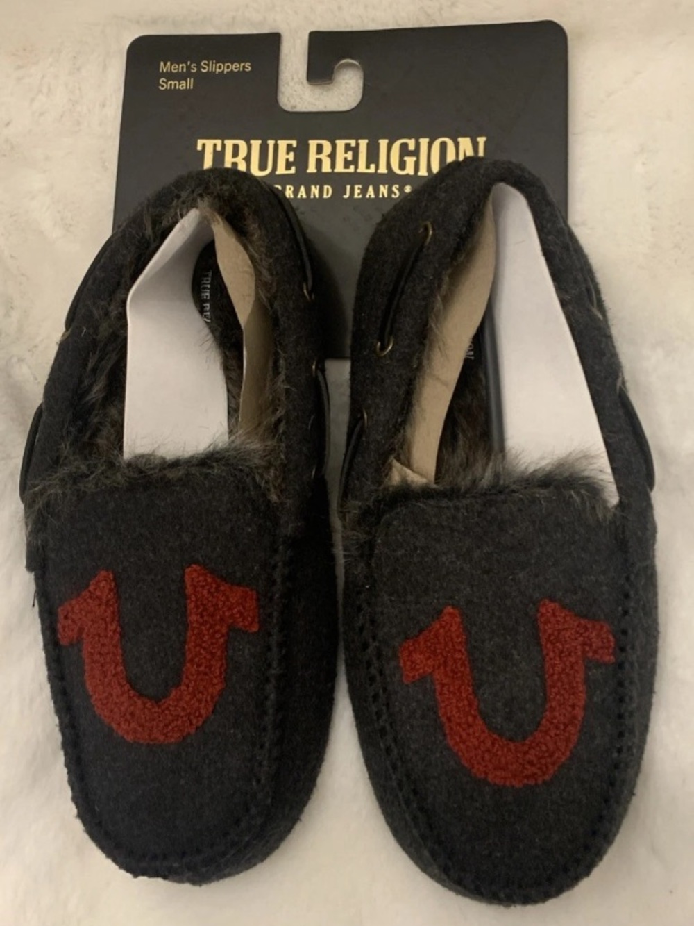 🦋🎯 True Religion Men's Charcoal Faux Fur Lined Moccasin Slippers NWT Small (7-8)